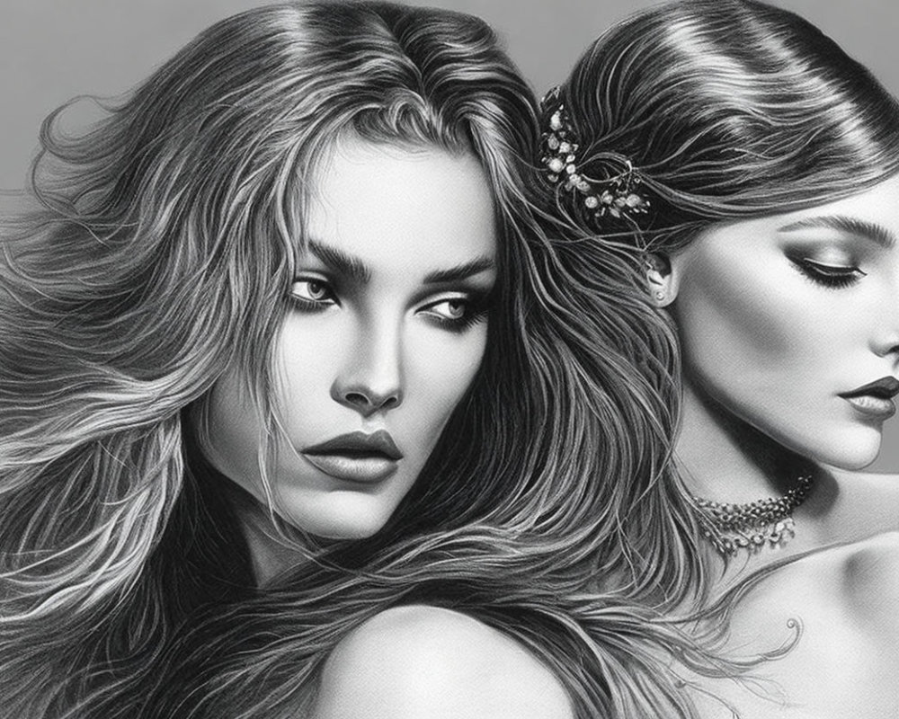 Detailed Monochrome Illustration of Two Women with Intricate Hair and Makeup