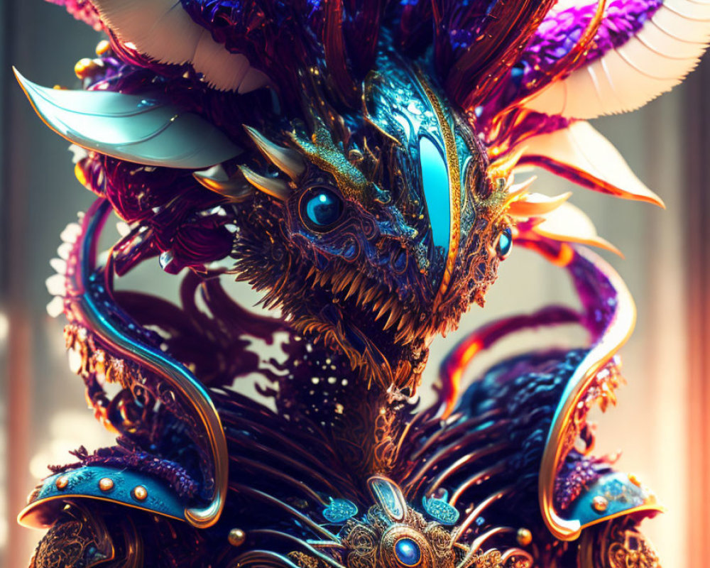 Colorful creature with iridescent scales, feathered plumes, and ornate armor.