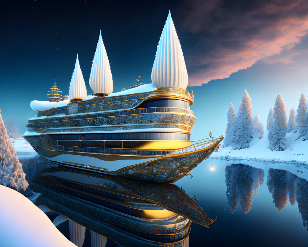 Ornate futuristic ship with spire-like structures over icy landscape at sunset