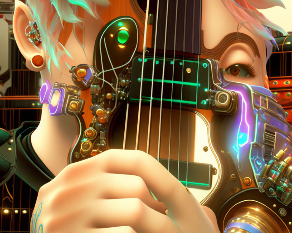 Colorful 3D character with teal hair playing electric guitar