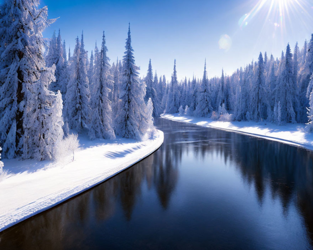 Snowy landscape with river, frosty trees, and bright sun.