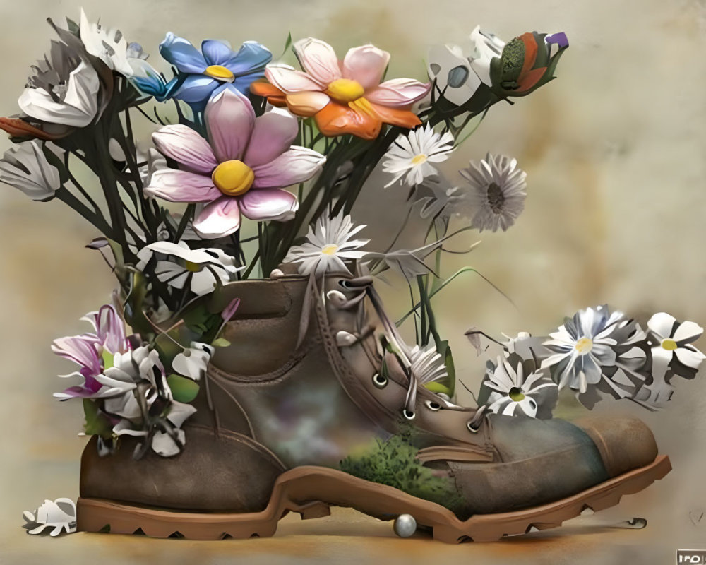 Brown Boots Repurposed as Flower Pot with Artificial Flowers