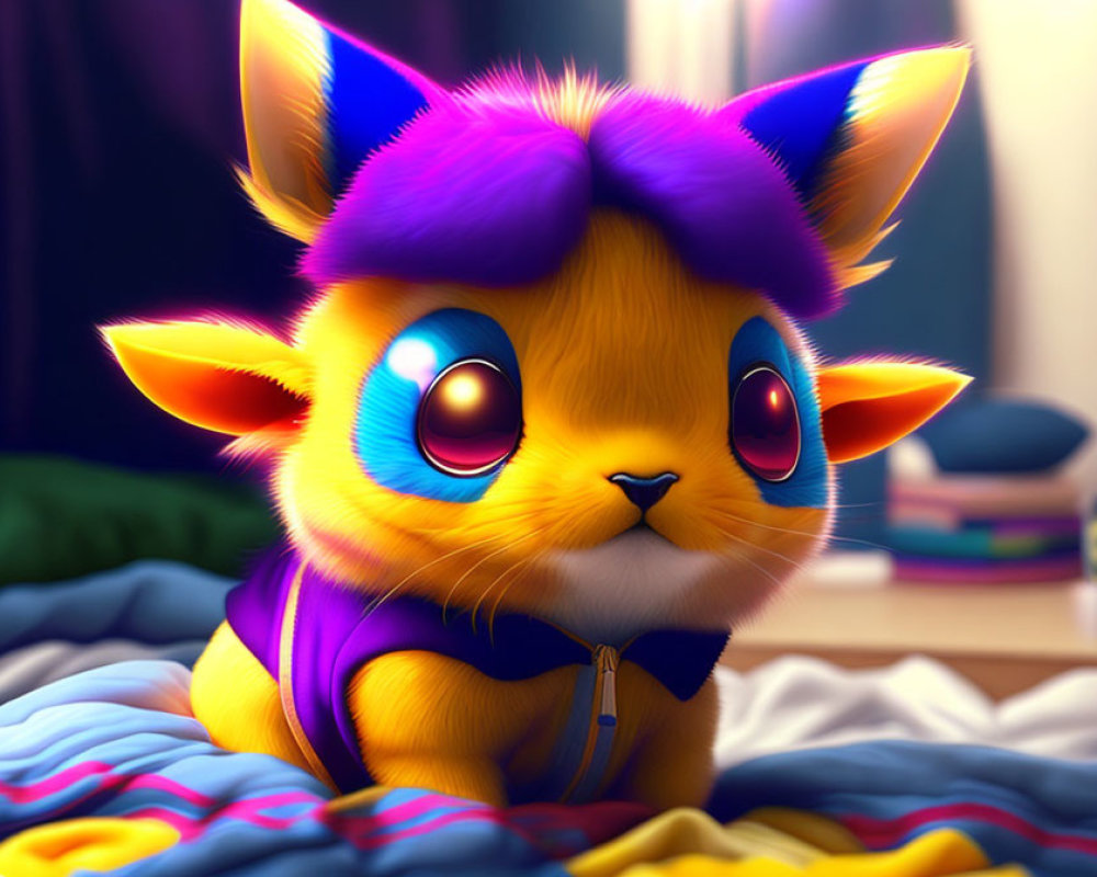 Colorful Digital Art: Adorable Cat-Like Creature with Purple and Yellow Fur Sitting on Bed