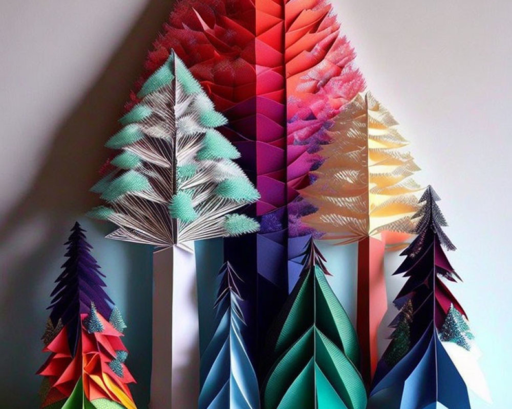 Vibrant paper art: Trees in triangle formation