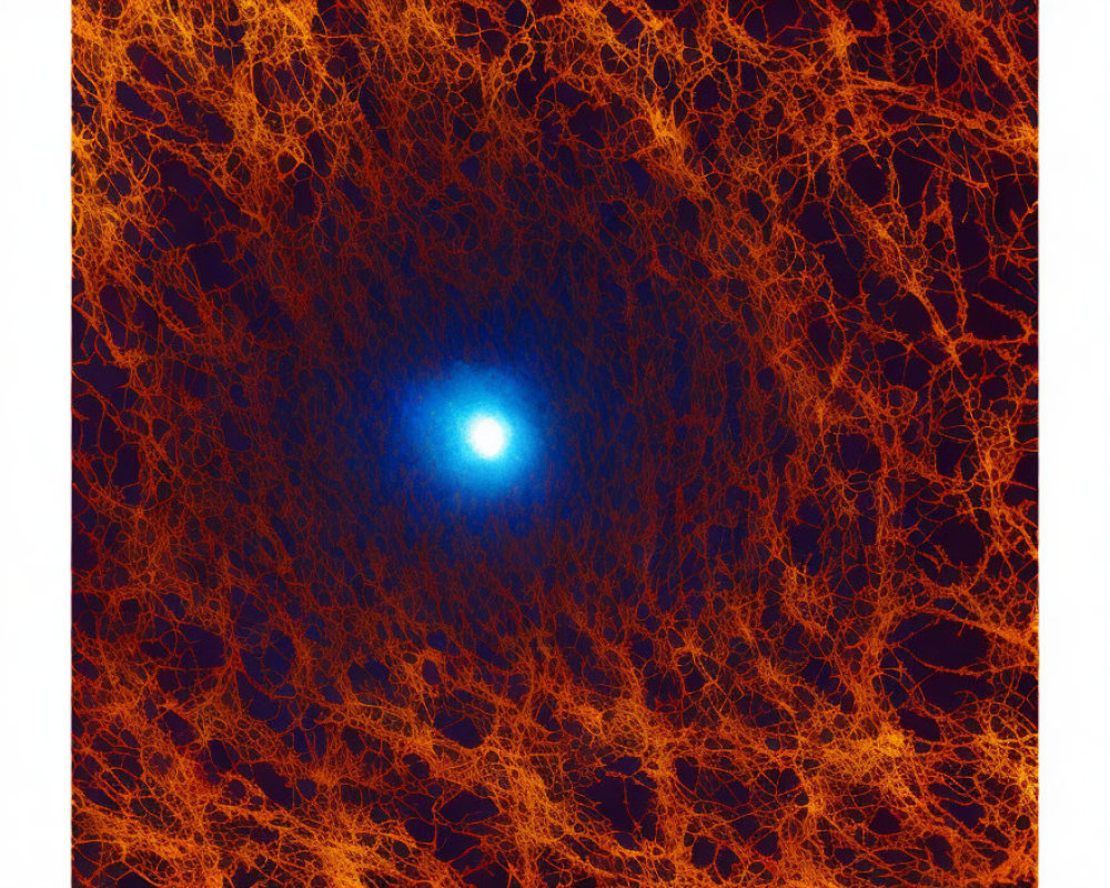 Vibrant blue light amidst orange and red fibers on dark background