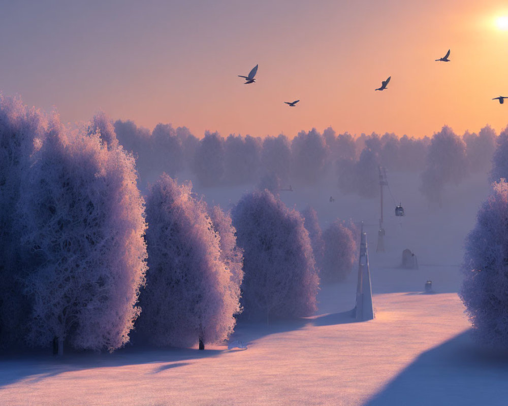 Frost-covered trees in serene winter sunset scenery