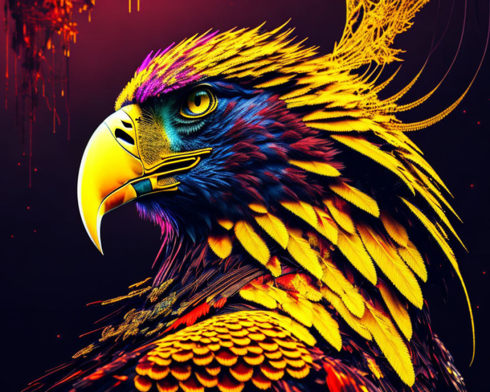 Colorful Eagle Head Digital Art with Purple, Yellow, and Orange Hues