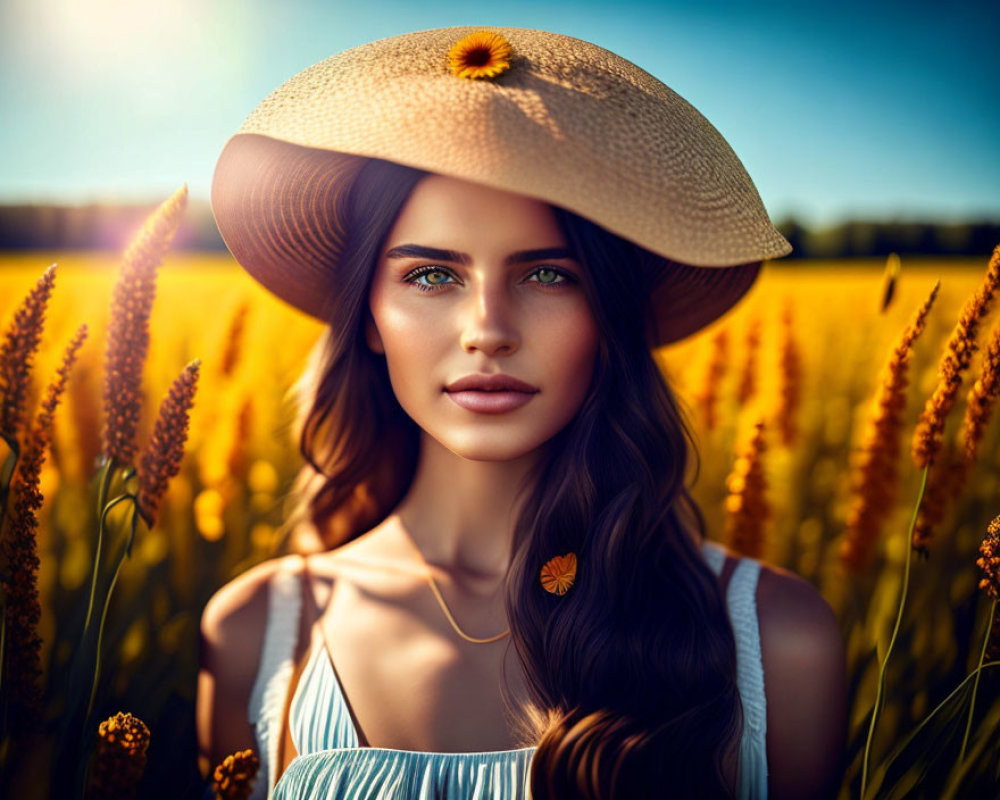 Long-haired woman in straw hat with flower in golden field under sun.