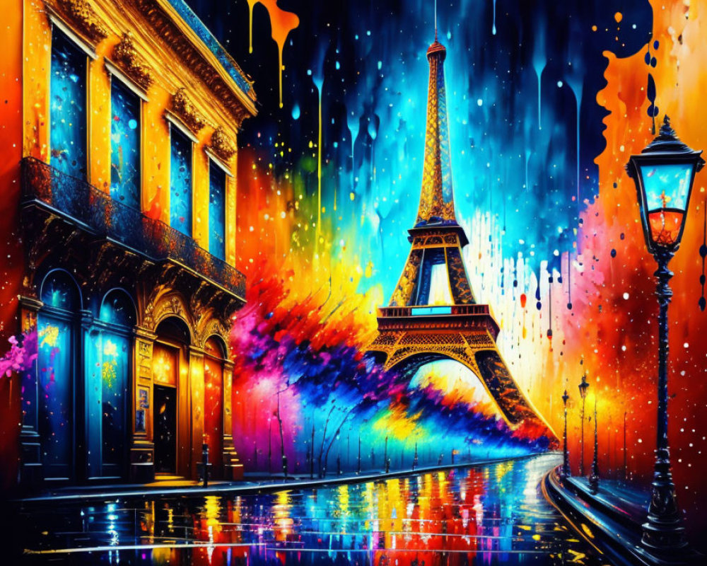 Colorful Parisian Scene with Eiffel Tower and Classical Buildings