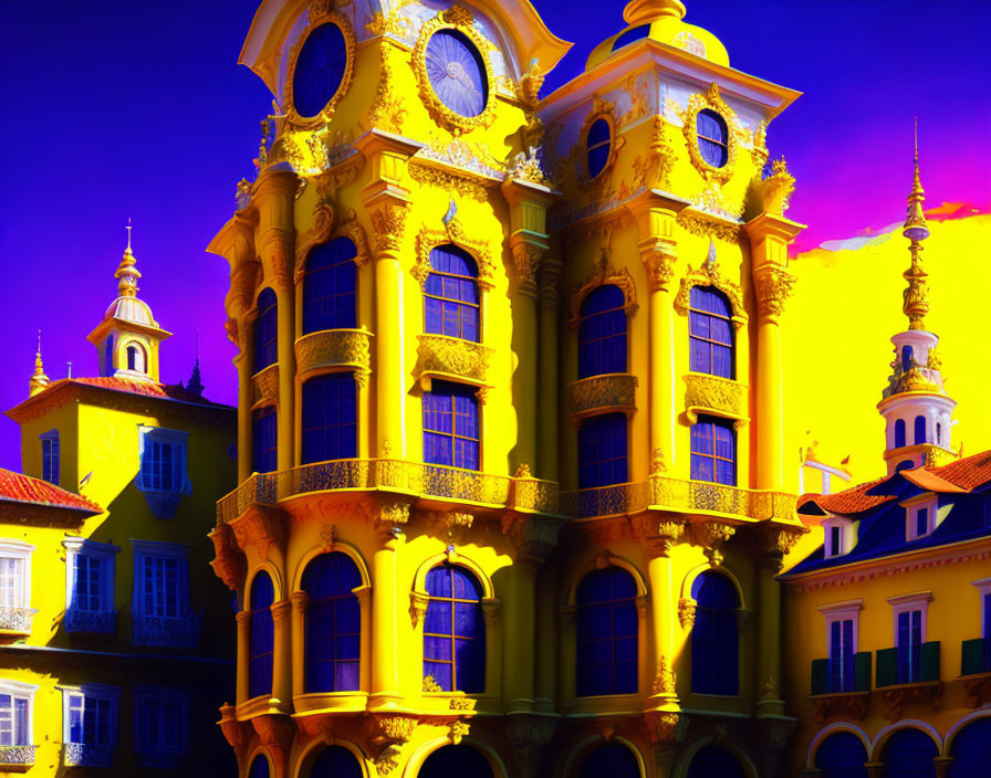 Colorful Baroque Style Building with Golden-Yellow Facades and Purple-Pink Sky