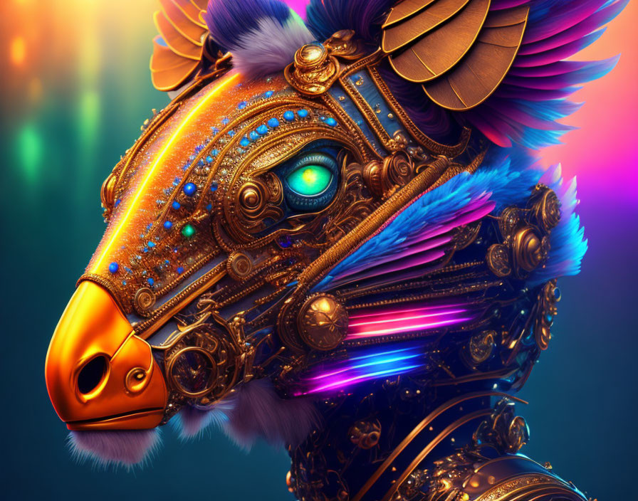 Intricate Steampunk-Style Mechanical Bird Head with Glowing Accents