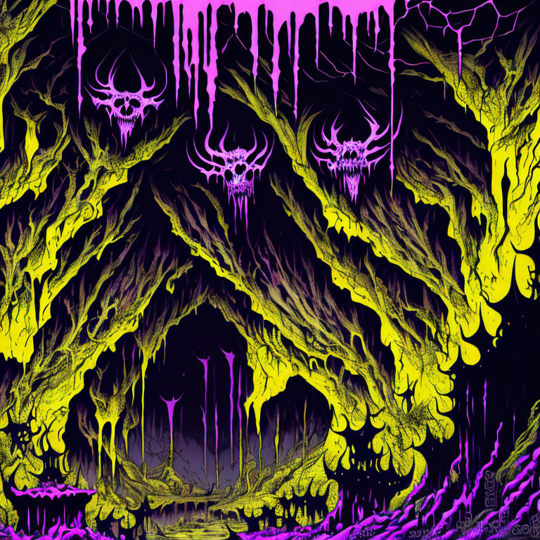 Vibrant yellow and purple psychedelic melting skulls illustration