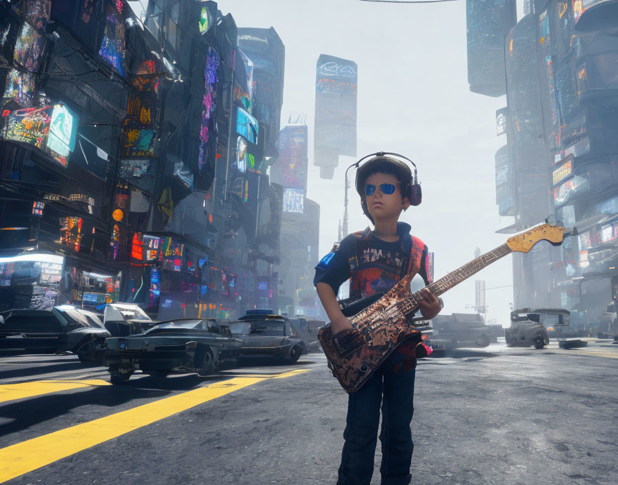 Child in sunglasses with electric guitar in futuristic city street