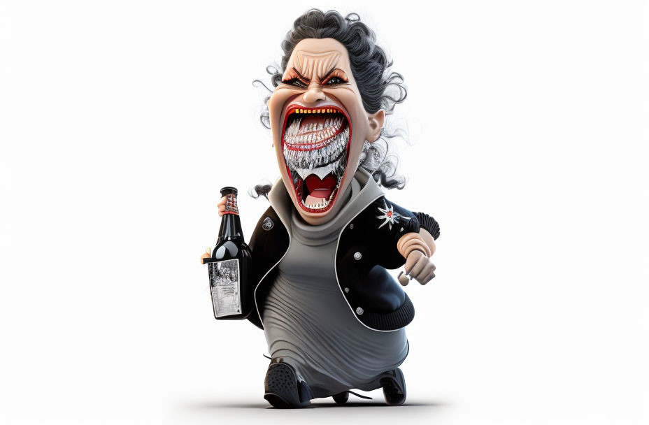 Exaggerated angry man caricature with wild hair and bottle