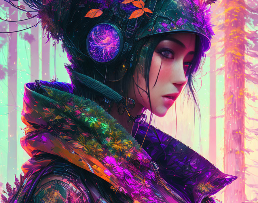 Colorful Flora Helmet Woman in Futuristic Forest Art