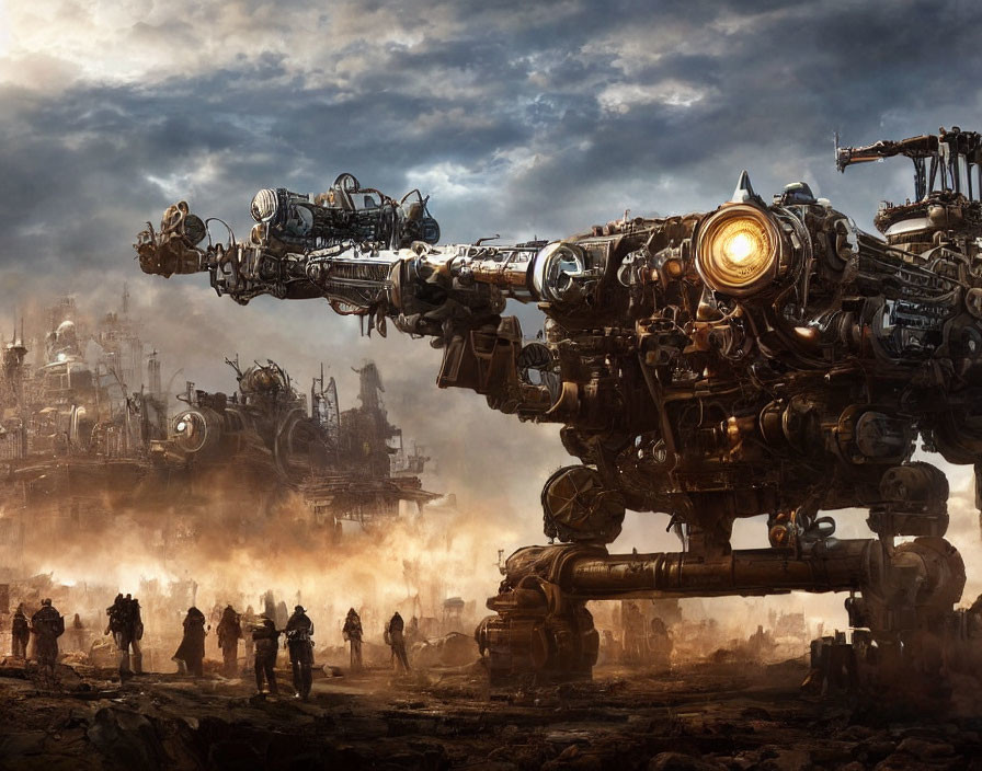 Fantastical industrial scene with giant mechanized walkers in a war-torn environment