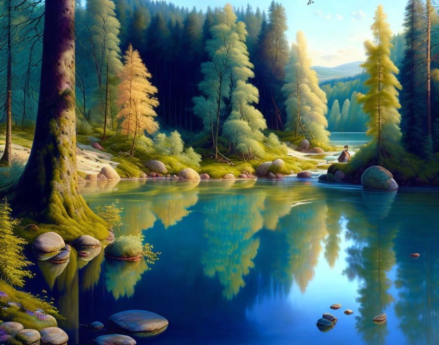 Tranquil forest scene: tall trees mirrored in calm lake, clear sky, scattered rocks