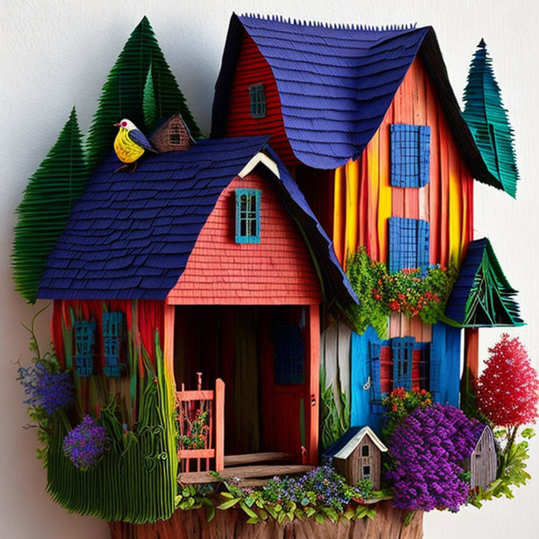 Colorful 3D paper craft of vibrant house with multicolored walls and blue roof.