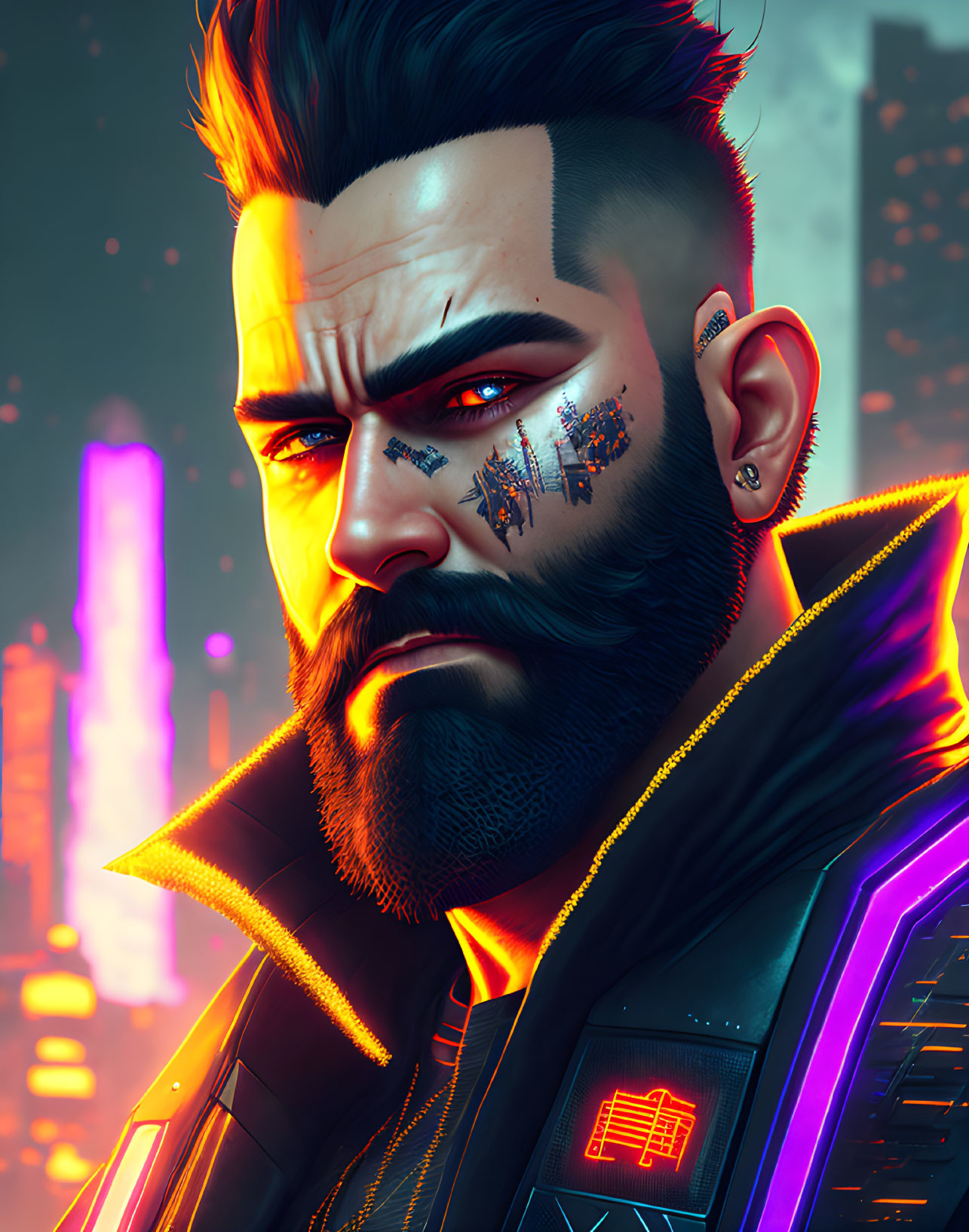 Futuristic digital art: Bearded man with cybernetic enhancements in neon cityscape