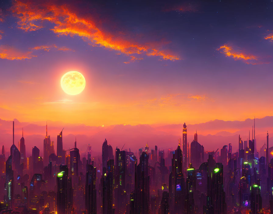 Futuristic cityscape at twilight with neon-lit skyscrapers and oversized moon