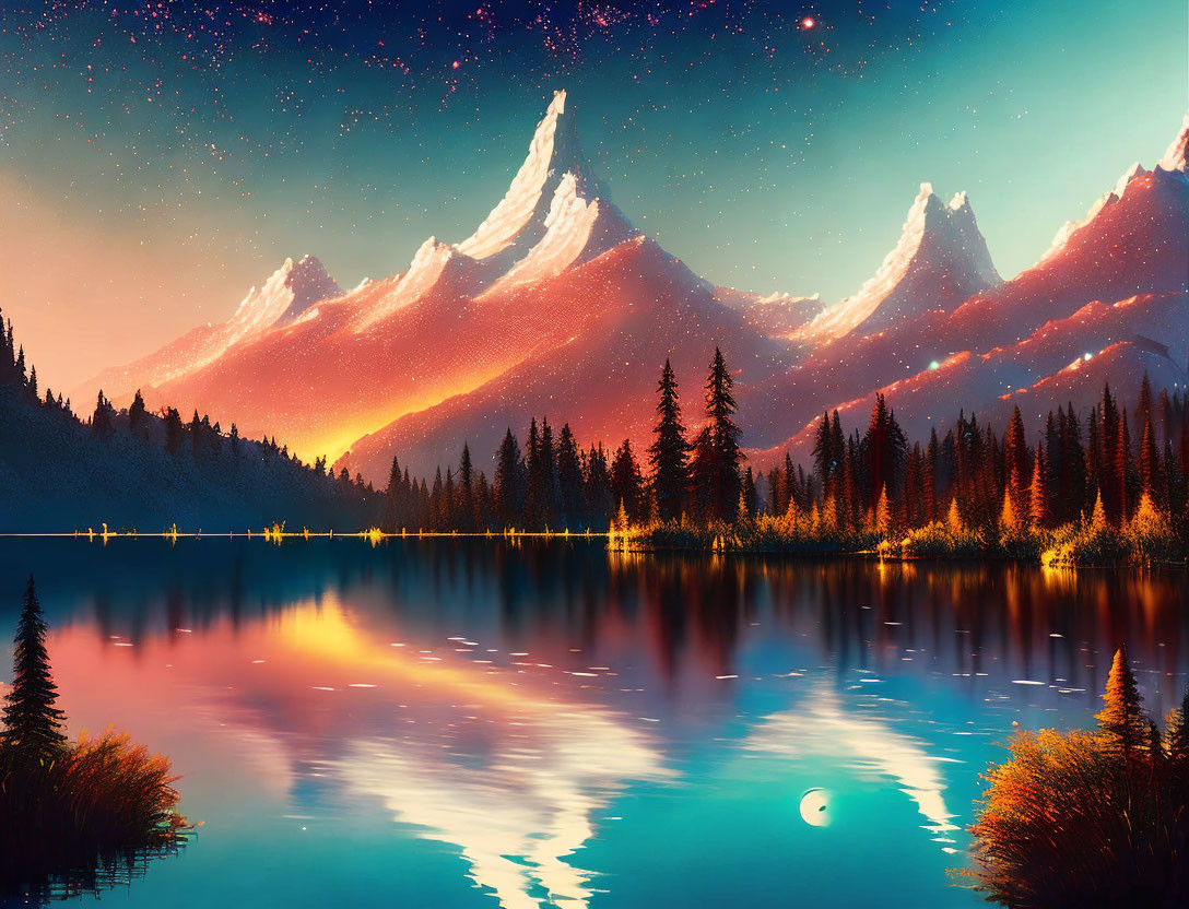 Tranquil lake with starry sky, illuminated mountains, and silhouetted pine trees at