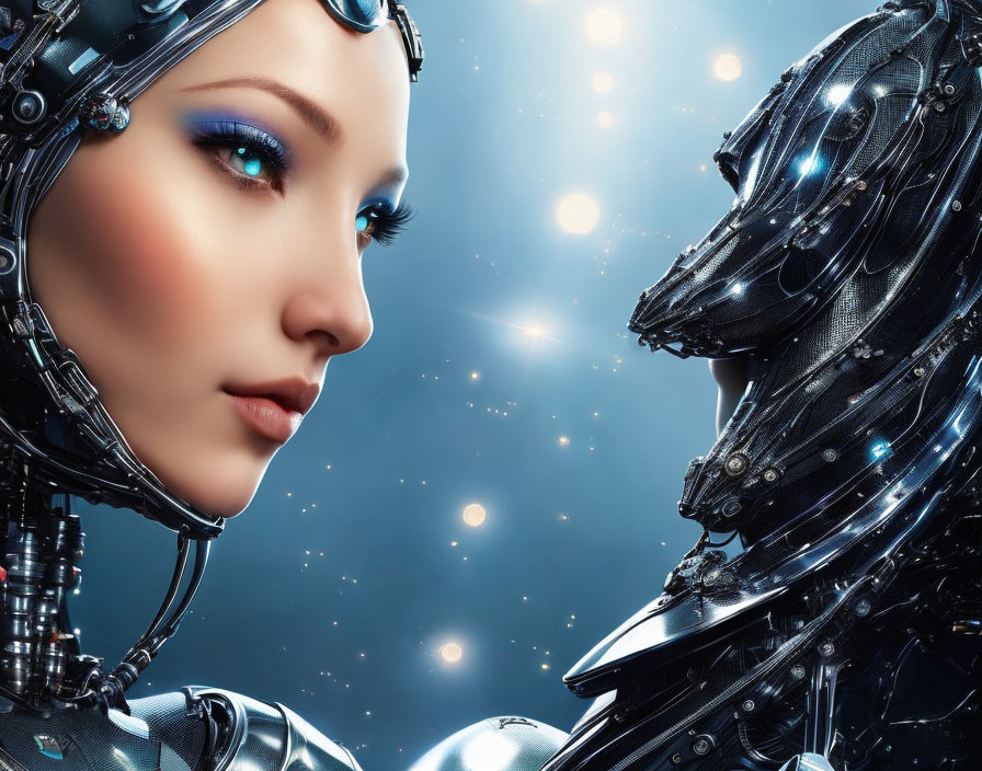 Detailed Hyper-Realistic Female Humanoid Robot with Mechanical Neck and Matte Black Robotic Figure on Star