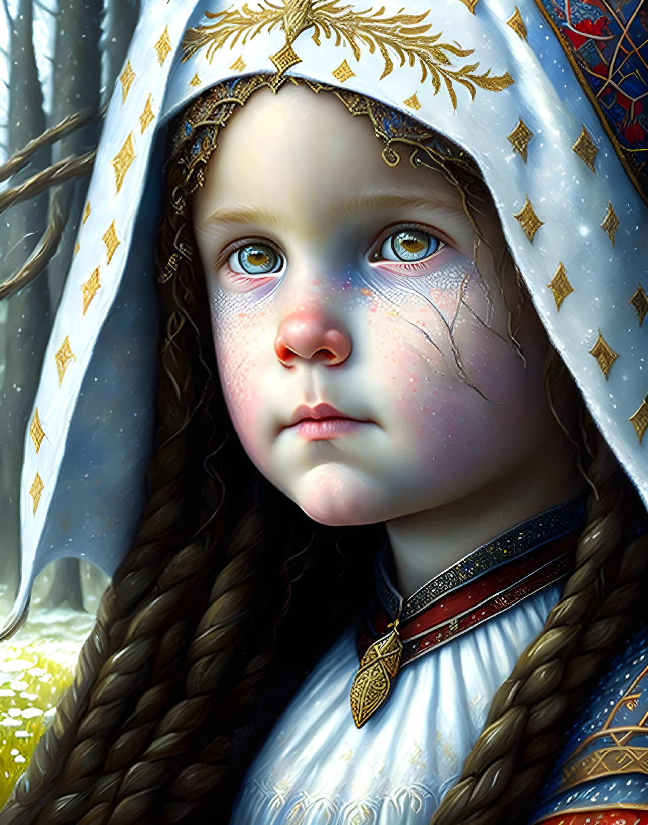 Young girl with blue eyes in white cloak and blue dress with gold patterns and circlet