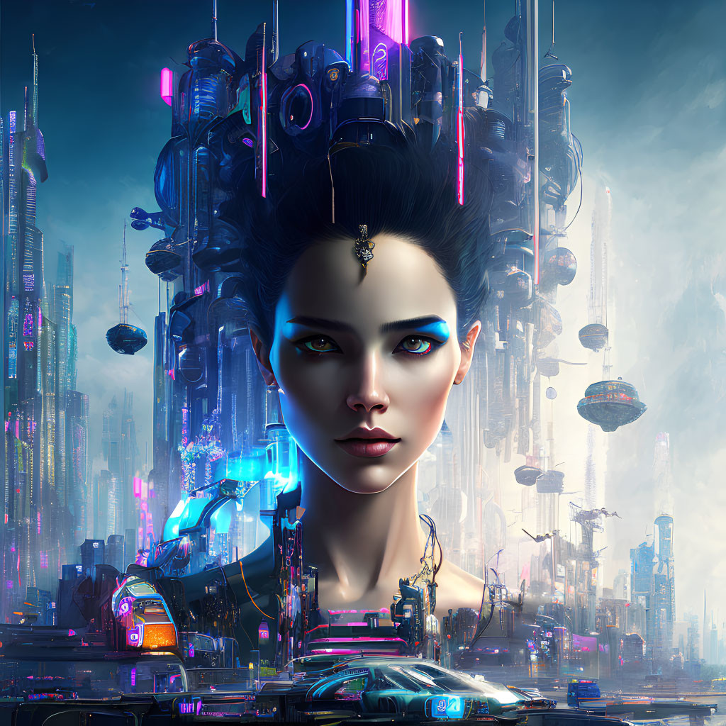 Futuristic neon-lit cityscape integrated into woman's face art