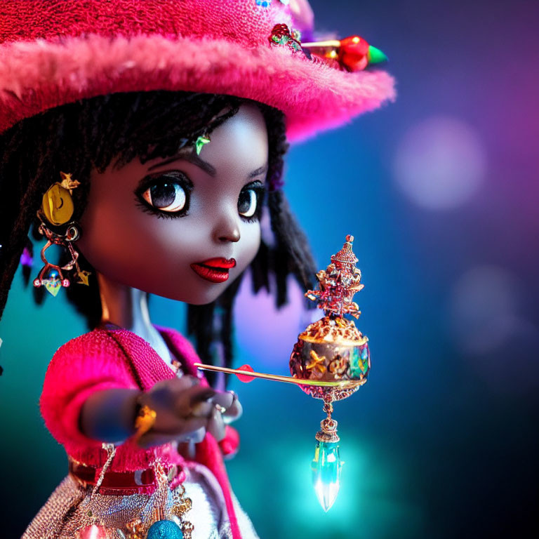 Dark-skinned doll in pink attire with whimsical scepter on bokeh background