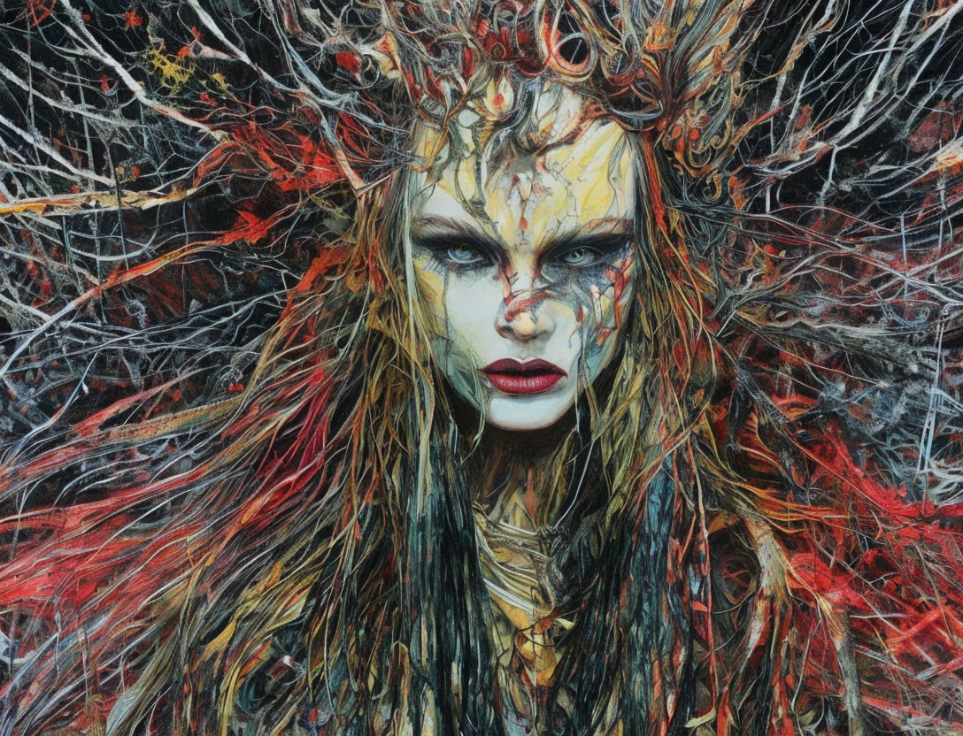 Detailed portrait of figure with snake-like hair and piercings against chaotic backdrop