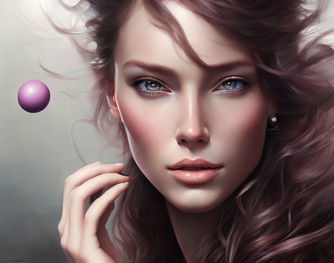 Detailed digital portrait of a woman with blue eyes, wavy hair, and a floating purple sphere.