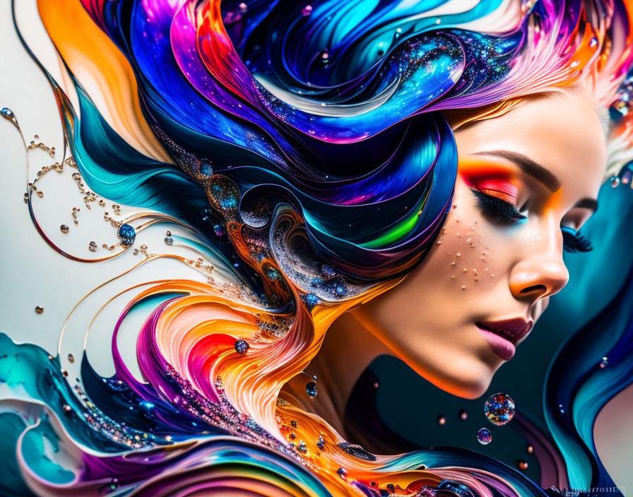 Vibrant multicolored flowing hair and rainbow eyeshadow on woman.