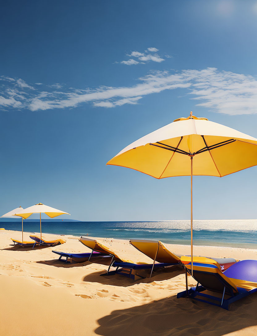 Sunny beach setting with yellow umbrellas and blue sun loungers