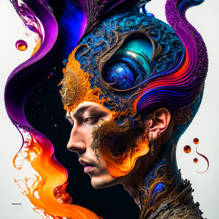 Colorful surreal portrait with elaborate swirling designs and organic elements