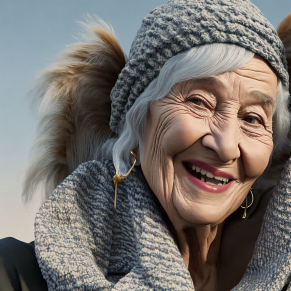 Elderly woman in knitted hat and blue scarf smiling outdoors