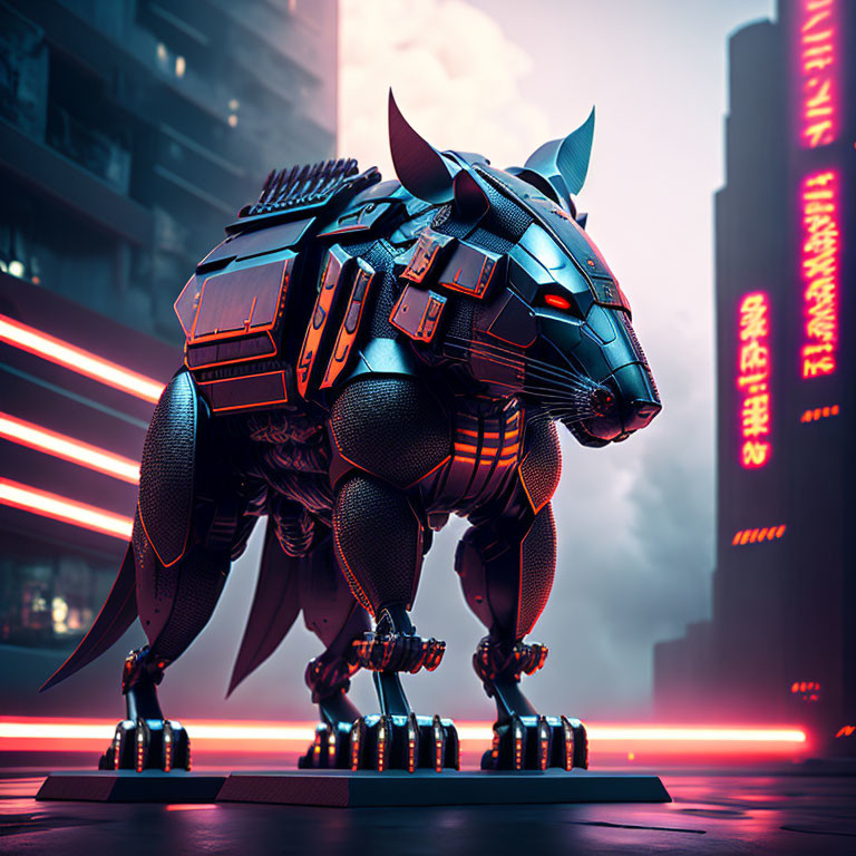 Futuristic robotic panther in neon-lit urban setting with Asian script.