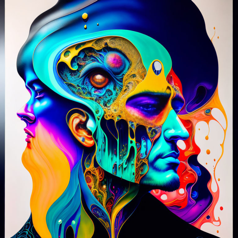 Colorful abstract art: man and woman profiles with interconnected minds