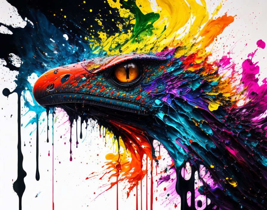 Colorful lizard head painting with multicolored paint splash