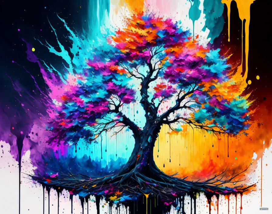 Colorful Tree Painting with Blue, Red, Pink, and Orange Leaves