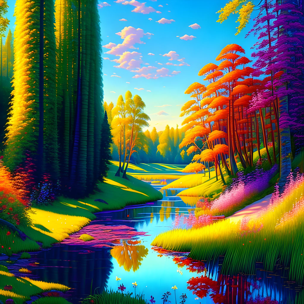 Fantastical forest digital art: towering trees, serene river, colorful foliage, sunny sky