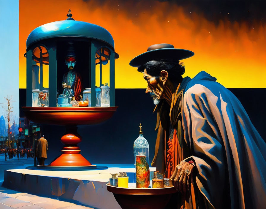 Surrealist painting: man in hat and cloak, giant snifter glass with ship, birdc