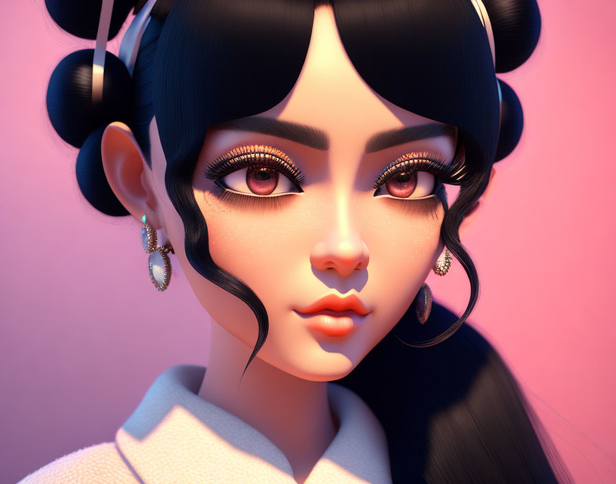 Asian-Inspired Female Digital Portrait with Elaborate Hairpins and Expressive Eyes