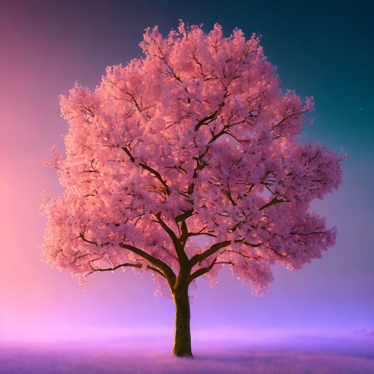 Cherry Blossom Tree in Full Bloom Against Gradient Sky