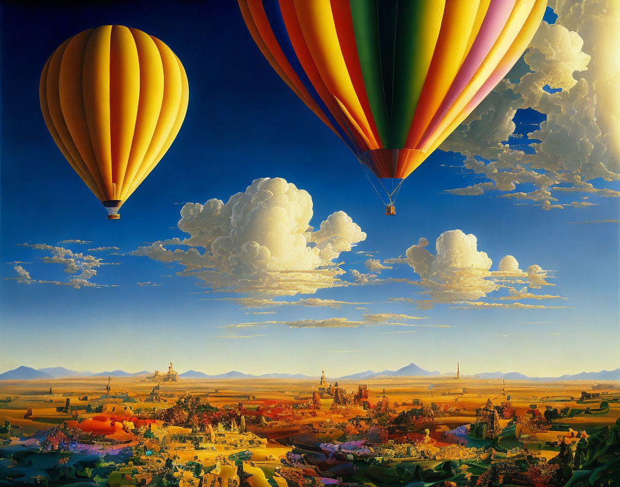 Colorful hot air balloons over surreal landscape with whimsical structures