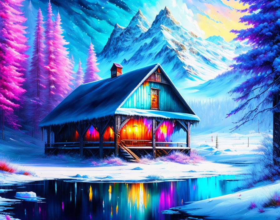 Snowy Cabin Scene with Glowing Windows and Frozen Lake