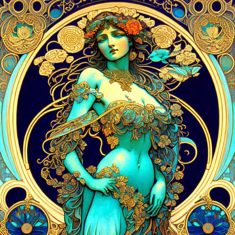 Art Nouveau Woman in Ornate Floral and Peacock Surroundings