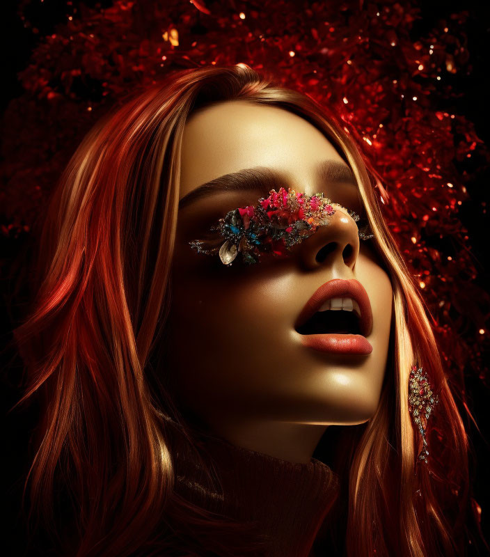 Vibrant red-haired woman with artistic makeup and colorful gems against red foliage