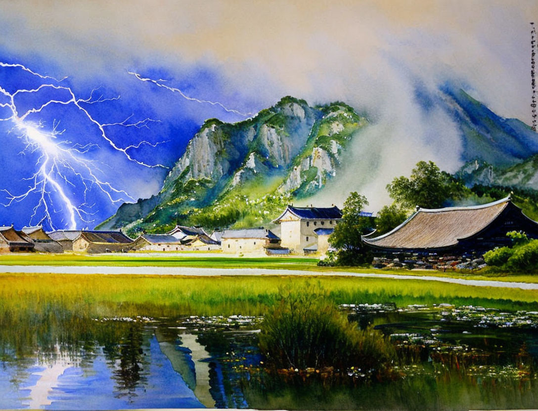 Vibrant watercolor painting of Asian village under stormy sky