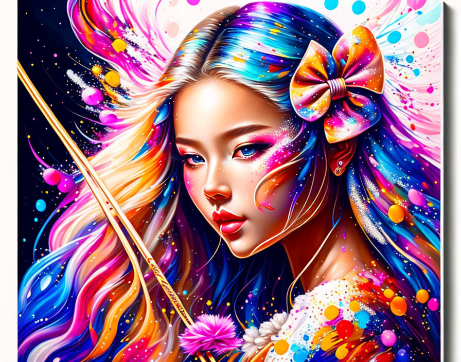 Colorful digital art: Woman with flowing hair & multicolored bow