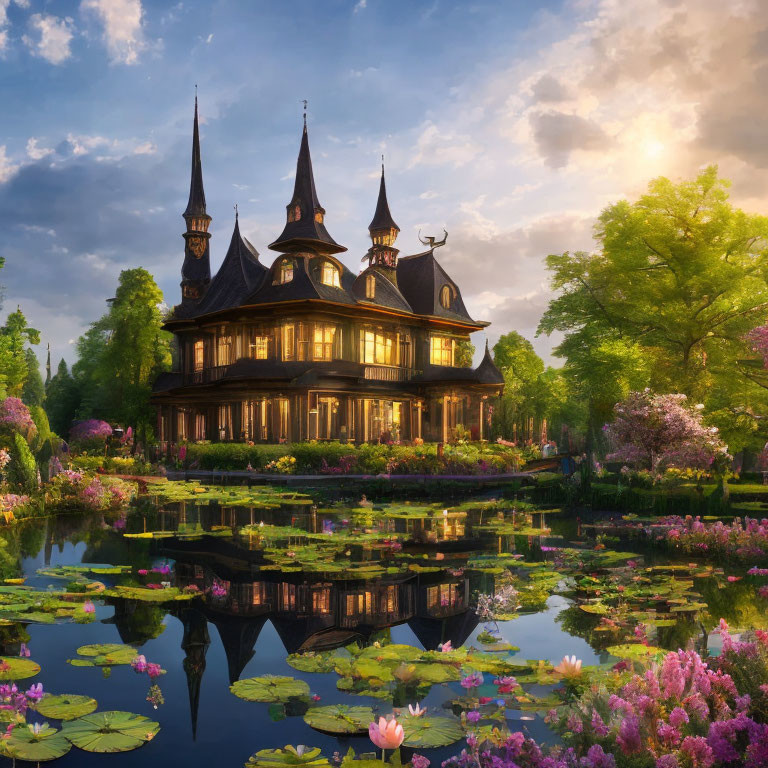 Victorian-style house with spires in lush garden pond at sunset